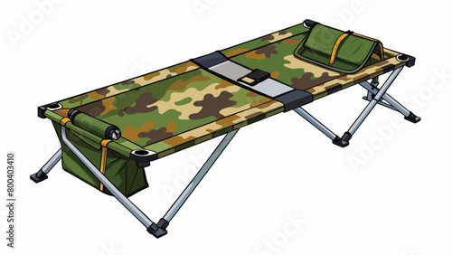 A camouflage patterned camping cot with a steel frame and a polyester fabric cover. The cot comes with a detachable mesh pouch for storing small items. Cartoon Vector.