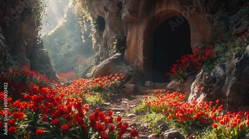 Christ is risen, the tomb of Jesus, Easter landscape