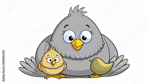 A chubby fuzzy grey chick peeking out from under its parents belly its beak wide open in anticipation of a fishy meal.  on white background . Cartoon Vector.