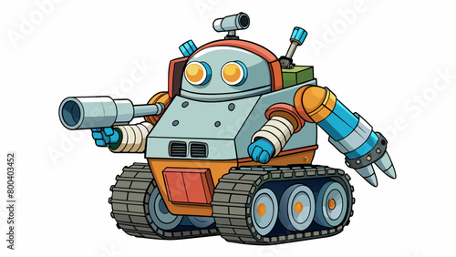 A bulky tanklike robot designed for outer space exploration. It has multiple arms and attachments such as a giant drill and a laser gun and is. Cartoon Vector.