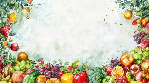 Watercolor illustration  healthy food  fresh fruits  vegetables  and whole grains  abstract background  poster with a place to copy space