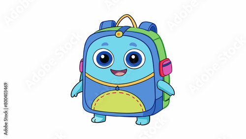 A childsized backpack in the shape of a cartoon character complete with colorful prints and a detachable lunchbox attached to the front. It is made of. Cartoon Vector.