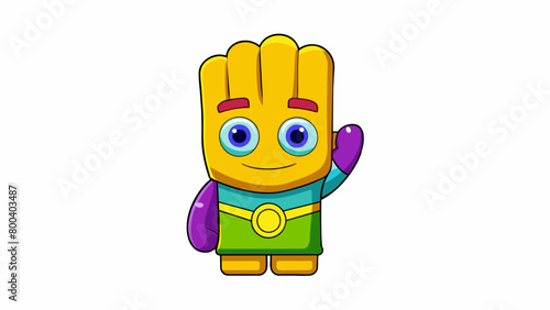 A childsized brightlycolored glove with a cartoon character design complete with a soft flexible pocket for easy catching and throwing.  on white. Cartoon Vector.