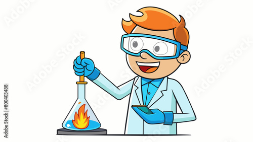 A chemist is using a Bunsen burner to carefully heat a glass beaker filled with a clear liquid. The flame is producing a low blue glow and the chemist. Cartoon Vector.
