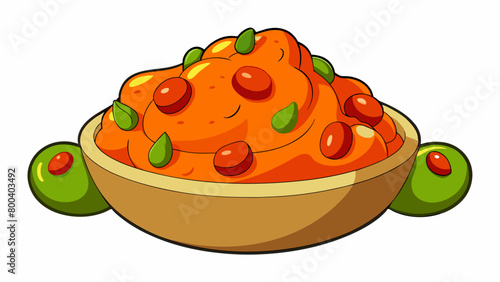A chunky spread made with a mix of olives roasted red peppers and garlic. It has a bright orange color and a bold smoky taste with a subtle heat. It. Cartoon Vector.