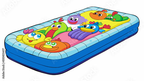 A colorful and fun inflatable mattress with cartoon characters printed on it perfect for childrens sleepovers. It is made of nontoxic material and has. Cartoon Vector.