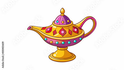 A colorful bejeweled lamp adorned with arabesque patterns and a ruby encrusted lid. When touched it emits a soft glow and can be used to summon a. Cartoon Vector.