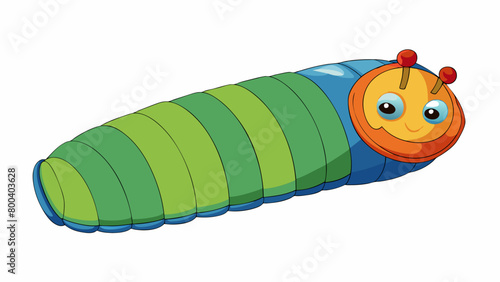 A colorful kidsized sleeping bag shaped like a cozy caterpillar. It has a fuzzy lining playful printed patterns and a builtin pillow for extra. Cartoon Vector.