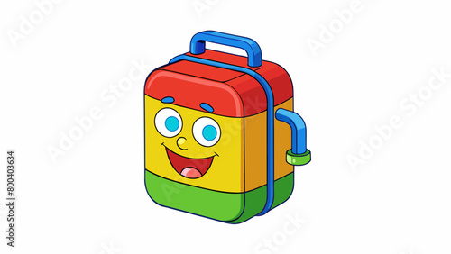 A colorful plastic lunchbox thermos designed with a e cartoon character. Its wide mouth makes it easy to fill with soup or hot cocoa and the snug cap. Cartoon Vector.