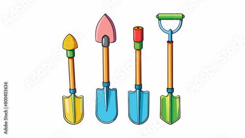 A colorful set of miniature gardening tools including a shovel rake and trowel each made of durable metal and featuring brightly colored handles for. Cartoon Vector.