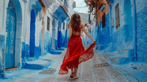 A young woman wearing a red dress explores the blue city of Chefchaouen, Morocco, walking through the Moroccan city streets. The image represents the joy of travel and vacation lifestyle. © Elchin Abilov