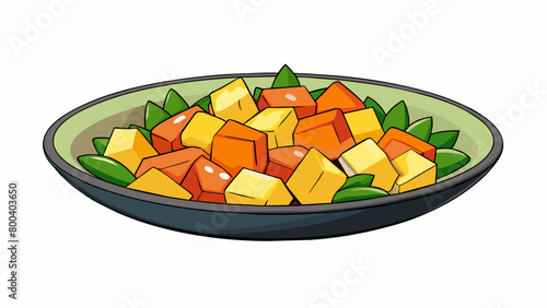 A colorful plate of fresh fruit salad featuring cubes of ripe mango along with other tropical favorites like pineapple and papaya. The soft sweet. Cartoon Vector.