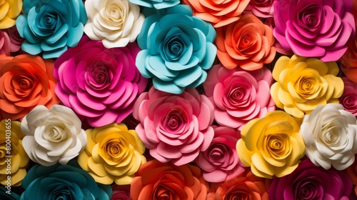 A delightful composition of handcrafted paper roses in bold  contrasting colors signifying joy and creativity