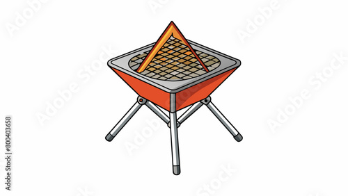 A compact campfire grill made of lightweight heatresistant material such as aluminum or titanium. It has a triangular shape with foldable legs and a. Cartoon Vector.