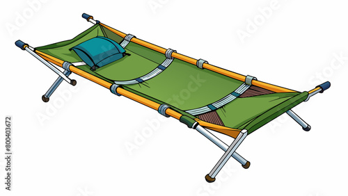 A compact backpacking camping cot made of lightweight yet sy nylon material. The cot features a unique design with two sy poles and a hammocklike bed. Cartoon Vector.