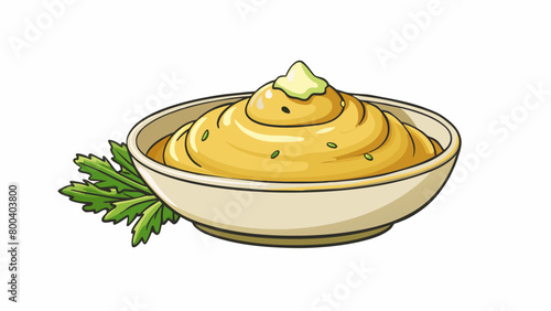 A creamy pale yellow sauce made with parsley pine nuts and parmesan cheese. The sauce has a silky texture and a tangy slightly y flavor.  on white. Cartoon Vector.