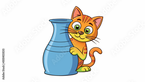 A curious cat with sharp claws and a twitchy nose peeking out from behind a vase to investigate a strange noise.  on white background . Cartoon Vector.