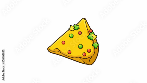 A crisp golden tortilla chip smothered in a layer of bright yellow corn salsa with specks of y jalapeno and fresh cilantro.  on white background . Cartoon Vector.