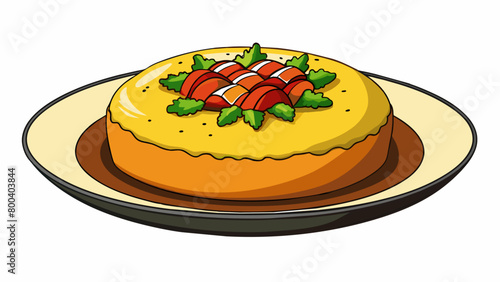 A crispy grilled polenta medallion served as an appetizer topped with fresh salsa and drizzled with a balsamic reduction.  on white background . Cartoon Vector.