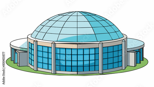 A cylindrical structure with a domeshaped roof boasting large transparent panels that allow natural light to flood in. Outside sleek solar panels line. Cartoon Vector.