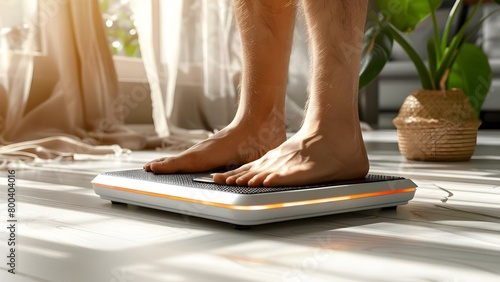 Man weighing himself at home on scales for weight control or diet. Concept Weight Control, Healthy Living, Dieting, Fitness Progress, Lifestyle Changes