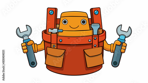 A fake tool belt with multiple pockets and loops holding various toy tools such as a hammer screwdriver and wrench. The belt is made of thick fabric. Cartoon Vector.