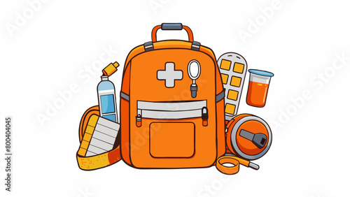 A durable backpack in bright orange color equipped with a whistle flashlight water purification tablets and a pocket mask for CPR along with essential. Cartoon Vector. photo