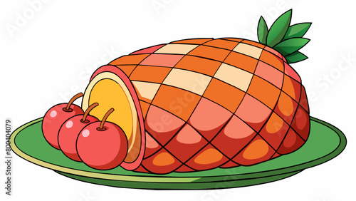 A festive and colorful holiday ham adorned with pineapple rings and cherries studded with cloves and baked until perfectly glazed. The ham is the. Cartoon Vector.