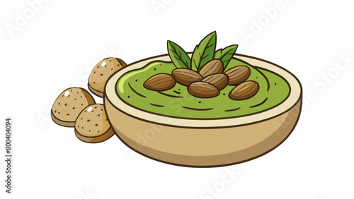 A flavorful spread made from a combination of olives roasted almonds and herbs. The texture is thick and slightly crunchy with a nutty and herbal. Cartoon Vector.