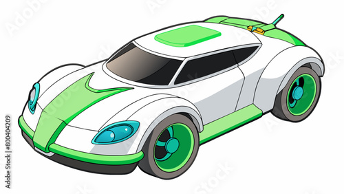 A futuristiclooking remote control car with a glossy white body and neon green accents. It is equipped with LED lights that illuminate as it moves and. Cartoon Vector.