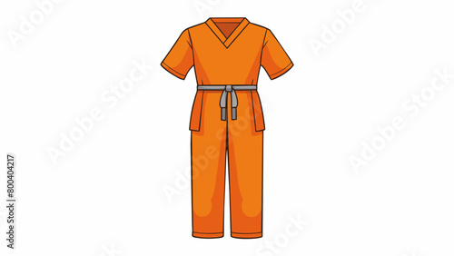 A genderneutral set of scrubs in a vibrant orange color made from soft and stretchy material for comfortable playtime. The top has a mock wrap design. Cartoon Vector.