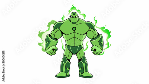 A giant figure made entirely of glowing green energy constantly pulsing and crackling with power. Its silhouette shifts and warps as if struggling to. Cartoon Vector.