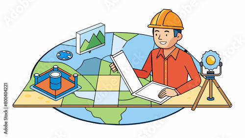 A geologist may use satellite imagery and topographic maps to analyze land formations and identify potential areas for natural resources such as oil. Cartoon Vector.