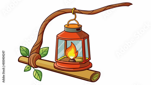 A glass lantern with curved edges filled with a flickering flame and suspended from a tree branch. It sways gently in the breeze casting a warm light. Cartoon Vector.