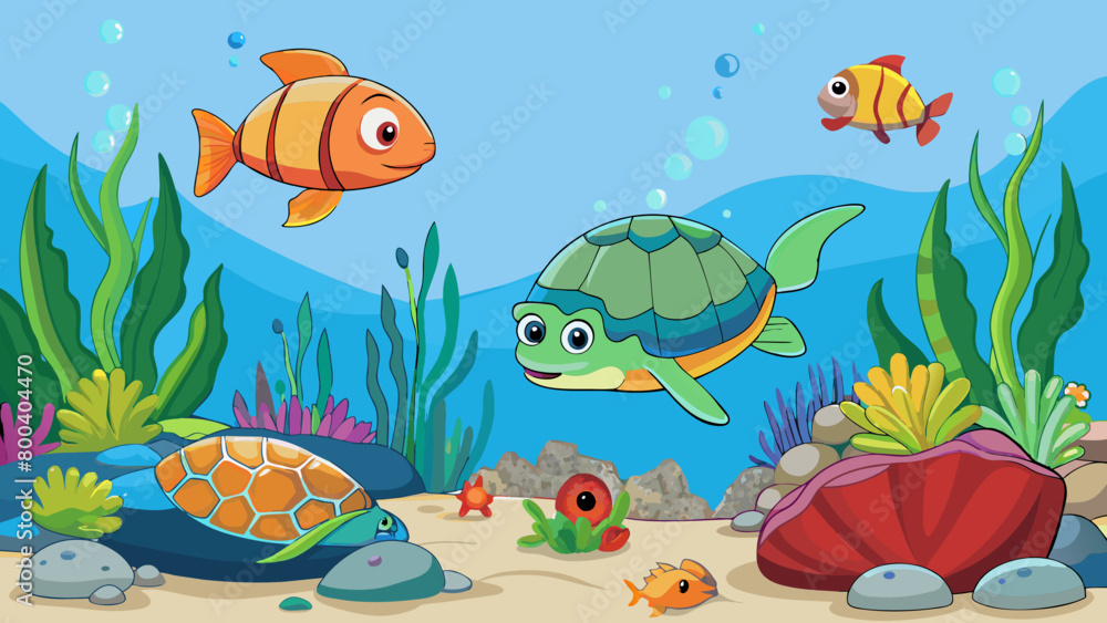 Naklejka premium A haven for curious critters brightly colored fish with long pointy snouts swim playfully around large boulders covered in colorful ly plants. Nearby. Cartoon Vector.