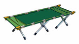 A heavyduty militarystyle camping cot made of reinforced steel and fitted with a green canvas cover. The cot has adjustable legs to accommodate uneven. Cartoon Vector.