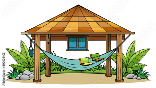 A hammock with a builtin mosquito net hangs beneath a rustic wooden house on stilts in a tropical rainforest. Its sy weatherresistant material offers. Cartoon Vector.