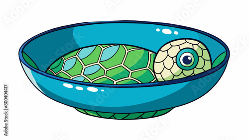 A handpainted ceramic bowl with a turtle design on the inside. The turtles shell is curved to fit the shape of the bowl and its head and limbs are. Cartoon Vector.