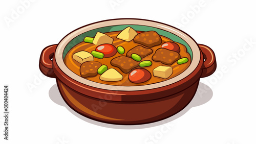 A hearty beef stew filled with chunky vegetables and tender pieces of meat. The beef is forktender and has absorbed all the flavors of the broth. Cartoon Vector.