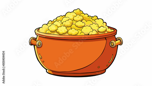 A homemade snack popped on the stovetop in a large pot with a lid. The kernels are lightly browned and generously coated in melted butter and various. Cartoon Vector.