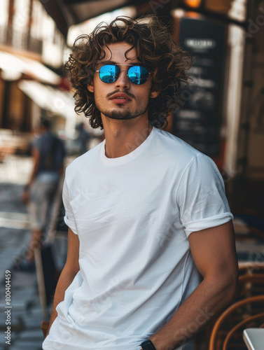 a man with long hair wearing sunglasses and a white t - shirt