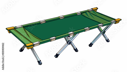 A heavyduty militarystyle camping cot made of reinforced steel and fitted with a green canvas cover. The cot has adjustable legs to accommodate uneven. Cartoon Vector. photo