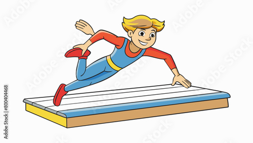 A gymnast leaps through the air on a vault their body perfectly aligned as they exee a flawless landing demonstrating their speed and precision. . Cartoon Vector.