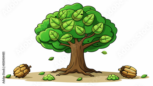 A harvested walnut tree its tall trunk and branches adorned with s of green leaves and small round nuts. The mature nuts have fallen to the ground. Cartoon Vector.