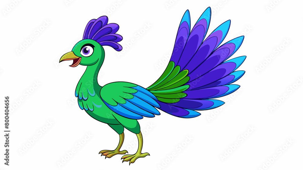 Obraz premium A large majestic bird with a colorful fanshaped tail and a strong hooked beak. Its vibrant feathers are a mix of deep blues greens and purples making. Cartoon Vector.
