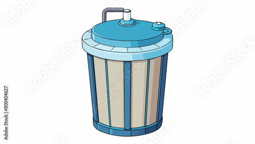 A large cylindrical tank made of durable plastic with a lid on top and a tap at the bottom. Inside there are several layers of fine sediment carbon. Cartoon Vector.