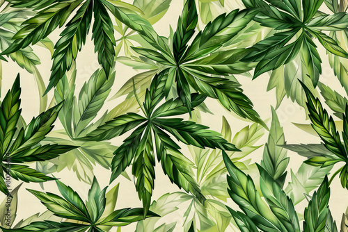 A repeatable  seamless pattern  featuring various cannabis green leaf designs is spread across the image