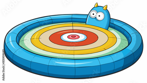 A large inflatable Bullseye sits in the middle of a pool ready for a game of darts. Its surface is smooth and bouncy making it a fun challenge to hit. Cartoon Vector.