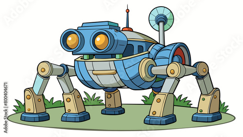 A large fourlegged security robot with an intimidating appearance roams a park after dark using its bright LED lights and loudspeaker to deter. Cartoon Vector.