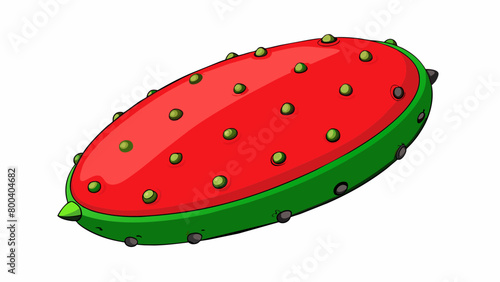 A large oblong fruit with a hard green exterior and a smooth and juicy red interior. Its juicy is sprinkled with tiny black seeds giving it a. Cartoon Vector.